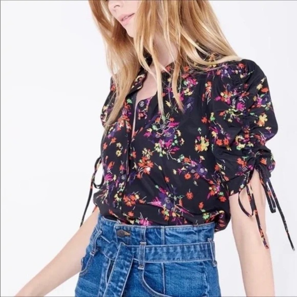 Veronica Beard Carmine Silk Ruched Short Sleeve Black/Multi Button Down Blouse 4